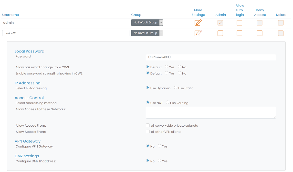 OpenVPN Admin User Settings